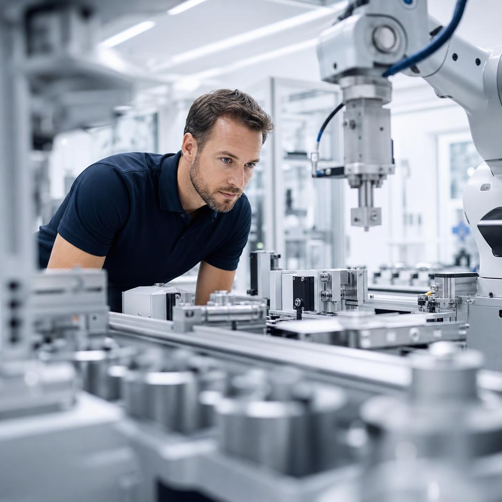 Engineer examining precision automated manufacturing equipment on the factory floor
